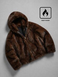 ROMWE MEN Men's Brown Dyed Fur Trim Hooded Jacket - Coffee Brown - View 11