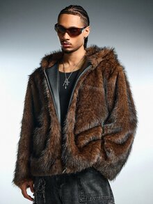 ROMWE MEN Men's Brown Dyed Fur Trim Hooded Jacket - Coffee Brown - View 8