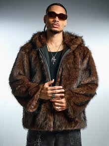 ROMWE MEN Men's Brown Dyed Fur Trim Hooded Jacket - Coffee Brown - View 1