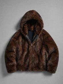 ROMWE MEN Men's Brown Dyed Fur Trim Hooded Jacket - Coffee Brown - View 10