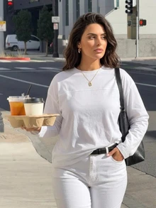 Dazy Plus White Round Neck Long Sleeve Patchwork Line Design Loose Minimalist Casual Versatile T-Shirt T-Shirt Hoodies Fall - White - View 3