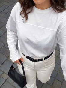 Dazy Plus White Round Neck Long Sleeve Patchwork Line Design Loose Minimalist Casual Versatile T-Shirt T-Shirt Hoodies Fall - White - View 5