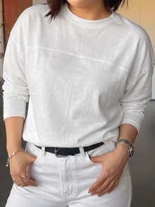 Dazy Plus White Round Neck Long Sleeve Patchwork Line Design Loose Minimalist Casual Versatile T-Shirt T-Shirt Hoodies Fall - White - View 1