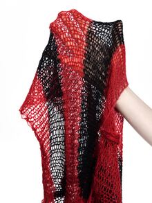 ROMWE Goth Y2K Dark Style Red & Black Striped Hollow Knit Long Sleeve Cropped Top - Black - View 11