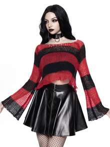 ROMWE Goth Y2K Dark Style Red & Black Striped Hollow Knit Long Sleeve Cropped Top - Black - View 6