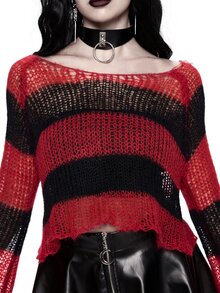 ROMWE Goth Y2K Dark Style Red & Black Striped Hollow Knit Long Sleeve Cropped Top - Black - View 2