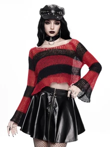 ROMWE Goth Y2K Dark Style Red & Black Striped Hollow Knit Long Sleeve Cropped Top - Black - View 3