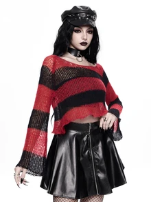 ROMWE Goth Y2K Dark Style Red & Black Striped Hollow Knit Long Sleeve Cropped Top - Black - View 7