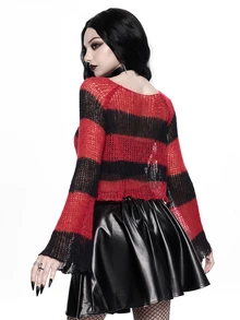 ROMWE Goth Y2K Dark Style Red & Black Striped Hollow Knit Long Sleeve Cropped Top - Black - View 5