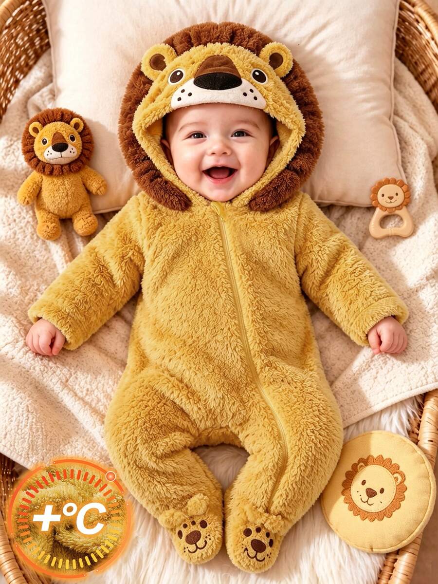 SHEIN Newborn Baby Hooded Jumpsuit Cute 3D Lion Patch Embroidery Double-Sided Flannel Fleece Soft Comfortable Skin-Friendly Infant Crawler Suit Fall - Yellow - View 1