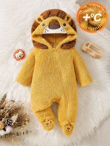 SHEIN 新生兒嬰兒連帽連身衣 可愛3D獅子貼布繡 雙面法蘭絨抓絨 柔軟舒適親膚 嬰兒爬行服 秋季款 - 黃色 - 查看 1
