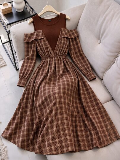 GlowEve CURVE Women's Fashion Casual Knit Round Neck Cold Shoulder Long Sleeve Elastic Waist 2 In 1 Long Plaid Dress, Suitable For Daily Commute And Outing Wear