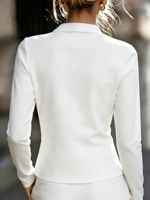 Balvessa Women's Solid Color V-Neck Long Sleeve Knot Design Casual T-Shirt - White - View 3