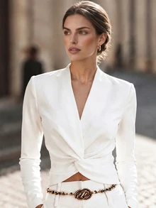 Balvessa Women's Solid Color V-Neck Long Sleeve Knot Design Casual T-Shirt - White - View 1