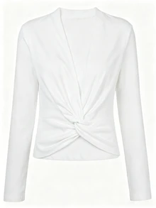 Balvessa Women's Solid Color V-Neck Long Sleeve Knot Design Casual T-Shirt - White - View 7