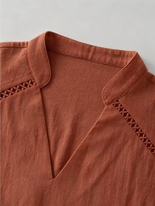 SHEIN LUNE 女款V領蕾絲拼接肩袖短袖襯衫 - 鏽棕色 - 查看 5
