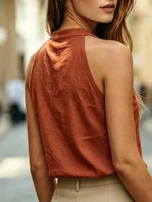 Balvessa Women's Traceable Cotton Sleeveless V-Neck White Tank Top - Orange - View 3
