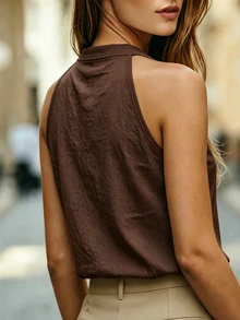 Balvessa Women's Traceable Cotton Sleeveless V-Neck White Tank Top - Coffee Brown - View 3