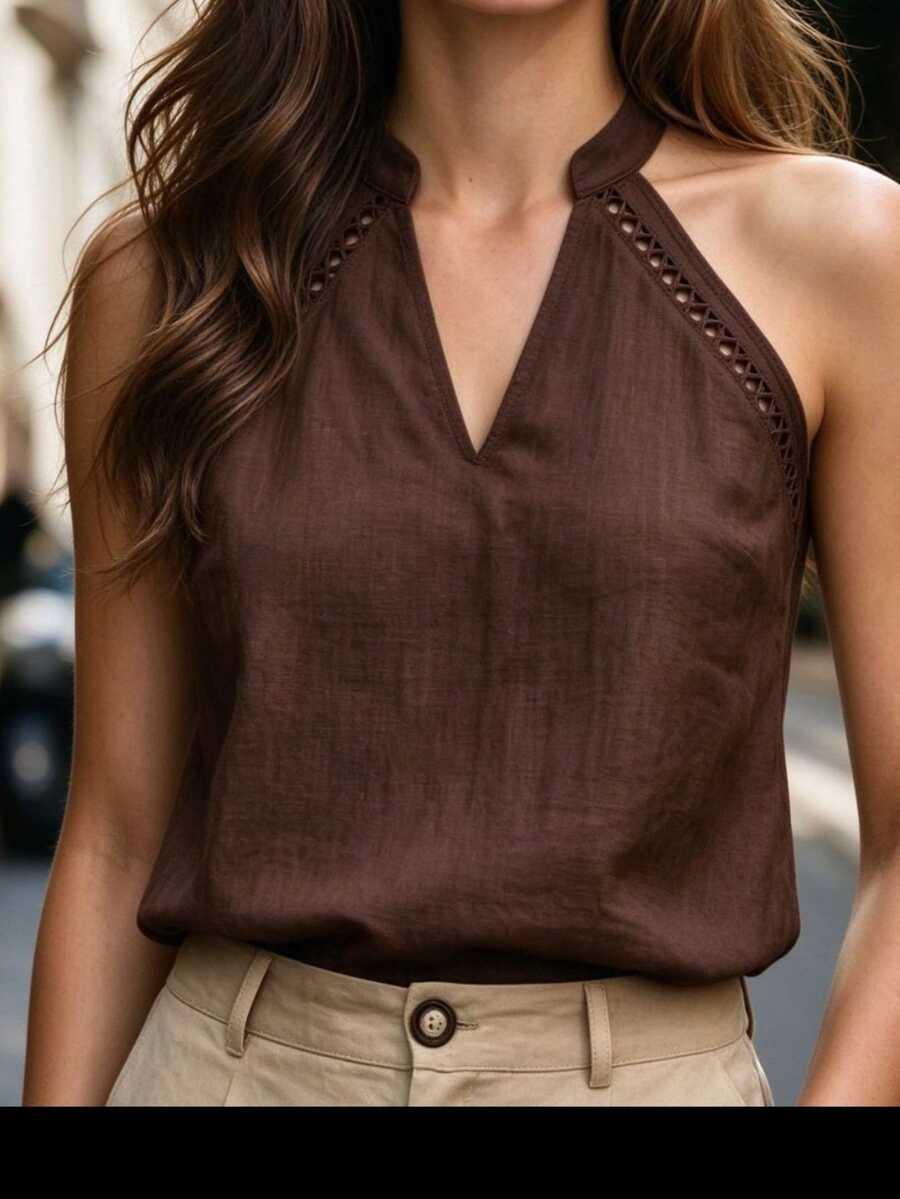 Balvessa Women's Traceable Cotton Sleeveless V-Neck White Tank Top - Coffee Brown - View 1