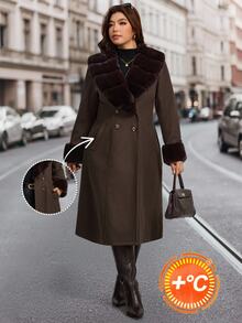 Comfylo Plus Size Women Solid Color Fur Collar Long Sleeve Double-Breasted Elegant Jacket Winter - Coffee Brown - View 1