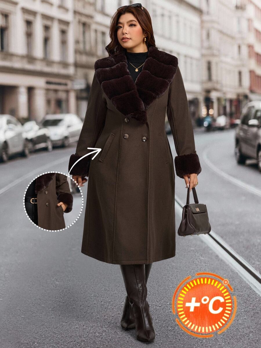 Comfylo Plus Size Women Solid Color Fur Collar Long Sleeve Double-Breasted Elegant Jacket Winter - Coffee Brown - View 1