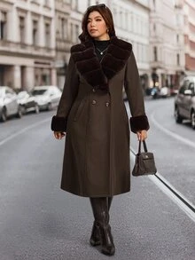 Comfylo Plus Size Women Solid Color Fur Collar Long Sleeve Double-Breasted Elegant Jacket Winter - Coffee Brown - View 3