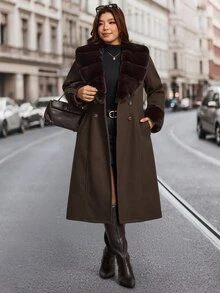 Comfylo Plus Size Women Solid Color Fur Collar Long Sleeve Double-Breasted Elegant Jacket Winter - Coffee Brown - View 5
