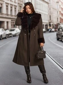 Comfylo Plus Size Women Solid Color Fur Collar Long Sleeve Double-Breasted Elegant Jacket Winter - Coffee Brown - View 8