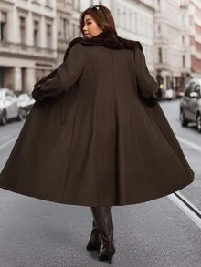 Comfylo Plus Size Women Solid Color Fur Collar Long Sleeve Double-Breasted Elegant Jacket Winter - Coffee Brown - View 6