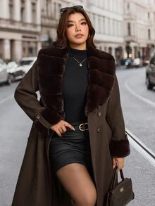 Comfylo Plus Size Women Solid Color Fur Collar Long Sleeve Double-Breasted Elegant Jacket Winter - Coffee Brown - View 9