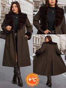 Comfylo Plus Size Women Solid Color Fur Collar Long Sleeve Double-Breasted Elegant Jacket Winter - Coffee Brown - View 7