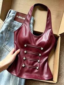 Franclia Women's Solid Color PU Leather Button Design Halter Tank Top - Red - View 3