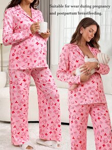 Slowluna Maternity Nursing Cartoon Print Long Sleeve Top And Adjustable Waist Pants 2 Pieces Set Fall Photoshoot Pink Casual Cute - Pink - View 2