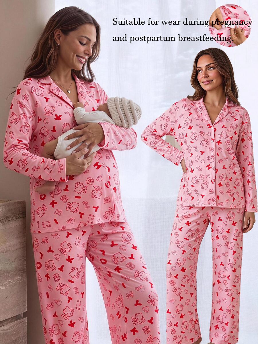 Slowluna Maternity Nursing Cartoon Print Long Sleeve Top And Adjustable Waist Pants 2 Pieces Set Fall Photoshoot Pink Casual Cute - Pink - View 1