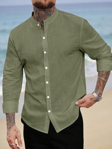 VENTUSAIL Men's Solid Color Mandarin Collar Button-Front Casual Long Sleeve Shirt Men Kurta Cotton Men Shirts Linen Men's Shirt - Army Green - View 3