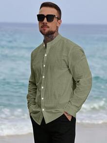 VENTUSAIL Men's Solid Color Mandarin Collar Button-Front Casual Long Sleeve Shirt Men Kurta Cotton Men Shirts Linen Men's Shirt - Army Green - View 1