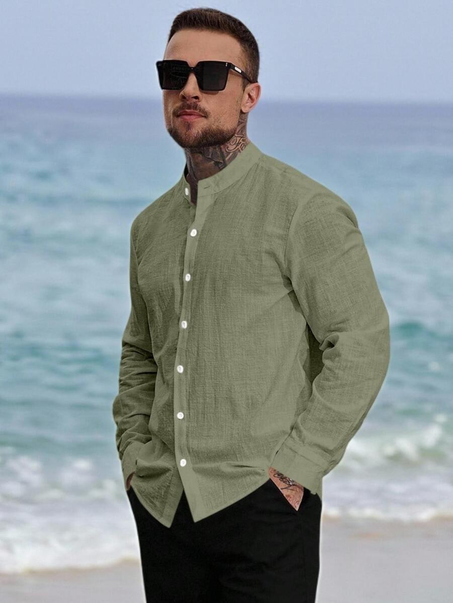 VENTUSAIL Men's Solid Color Mandarin Collar Button-Front Casual Long Sleeve Shirt Men Kurta Cotton Men Shirts Linen Men's Shirt - Army Green - View 1