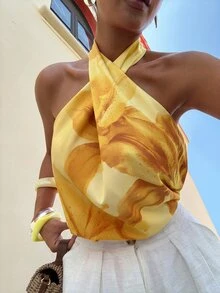 Lavishia 女款夏季黃色印花上衣 浪漫優雅熱帶度假海灘早午餐穿搭 - 黃色 - 查看 3