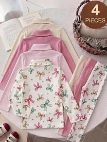 SHEIN 4件裝少女長袖羅紋針織高領套頭毛衣，冬季開學穿搭上衣 - 彩色 - 查看 7