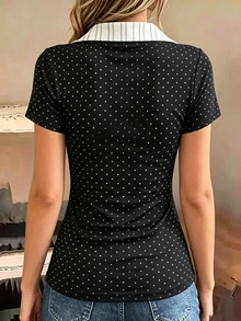 IslaSuriya 女款拼接條紋領波點印花二合一短袖休閒T恤 - 彩色 - 查看 2