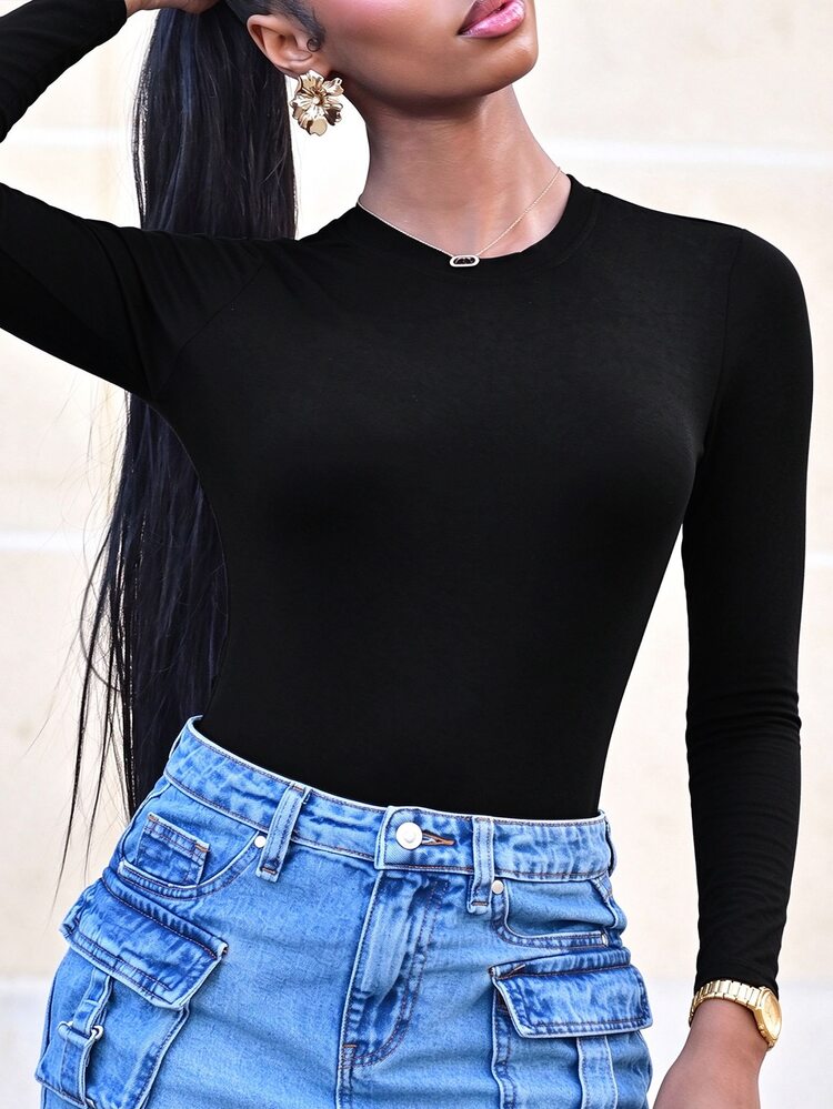 Mima John Women's Solid Black Crew Neck Long Sleeve Simple T-Shirt, Casual Everyday Wear Fall Cloth For Women - Black - View 5
