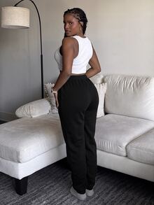 Tyla Gomez 素色腰部抽繩加絨內裏衛褲 - 黑色 - 查看 2