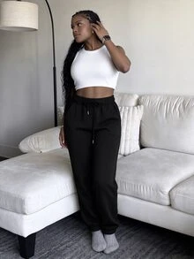 Tyla Gomez 素色腰部抽繩加絨內裏衛褲 - 黑色 - 查看 6