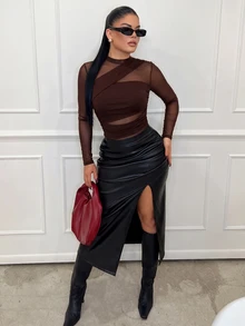 Dayanna Comas Brown Bodysuit For Women Sheer Mesh Long Sleeve Ruched Mock Neck Top, Suitable For Cocktail Party, Romantic Date, Winter Base Layer - Coffee Brown - View 1