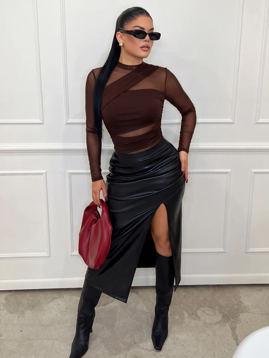 Dayanna Comas Brown Bodysuit For Women Sheer Mesh Long Sleeve Ruched Mock Neck Top, Suitable For Cocktail Party, Romantic Date, Winter Base Layer - Coffee Brown - View 1