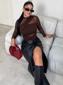 Dayanna Comas Brown Bodysuit For Women Sheer Mesh Long Sleeve Ruched Mock Neck Top, Suitable For Cocktail Party, Romantic Date, Winter Base Layer - Coffee Brown - View 5