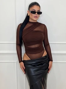 Dayanna Comas Brown Bodysuit For Women Sheer Mesh Long Sleeve Ruched Mock Neck Top, Suitable For Cocktail Party, Romantic Date, Winter Base Layer - Coffee Brown - View 6