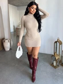 Dayanna Comas 女式高领罗纹针织连衣裙，秋季连衣裙长袖连衣裙 - 杏色 - 查看 6