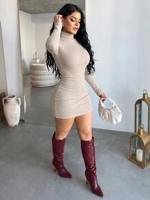 Dayanna Comas 女式高领罗纹针织连衣裙，秋季连衣裙长袖连衣裙 - 杏色 - 查看 4