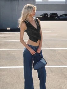 Sydney Algeri Casual Striped Front Button Slim Fit Vest In Fall/Winter - Black and White - View 4